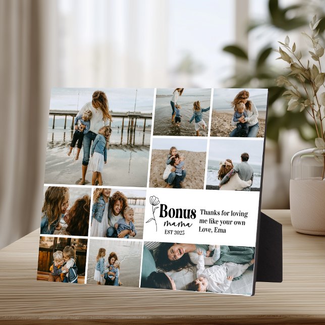 Floral Script Bonus Mama Custom Foto Collage Fotoplatte (Von Creator hochgeladen)