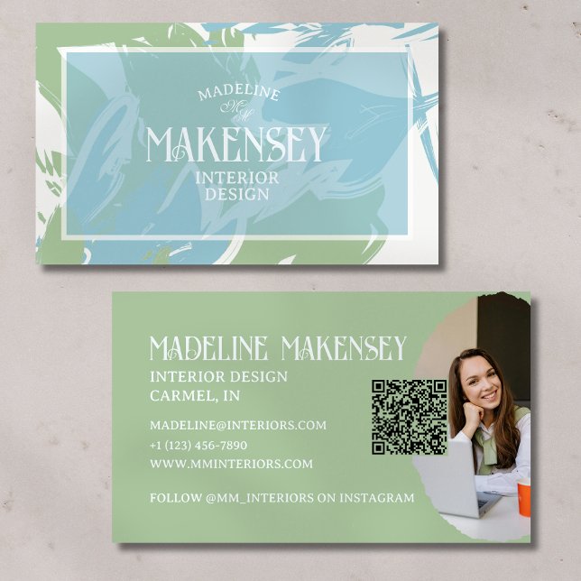 Floral Script QR Code Innenarchitektur Foto Visitenkarte (Advertise your personal small business with this floral card!)