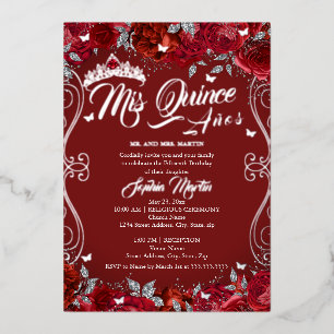 Floral Scroll Ruby Red Mis Quince Quinceanera Folieneinladung