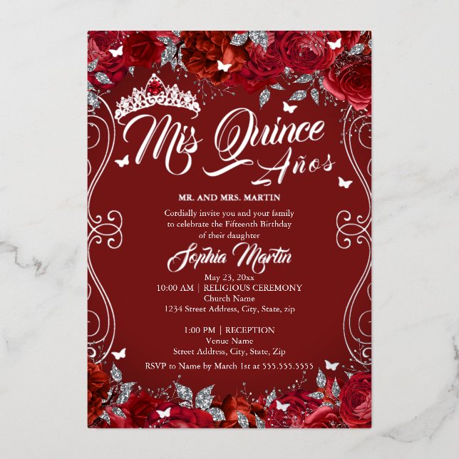 Floral Scroll Ruby Red Mis Quince Quinceanera Folieneinladung (Vorderseite)