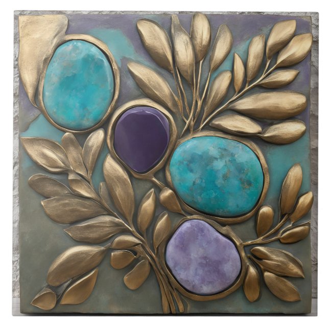 Floral Sculpture in Turquoise, Gold and purple Fliese (Vorderseite)