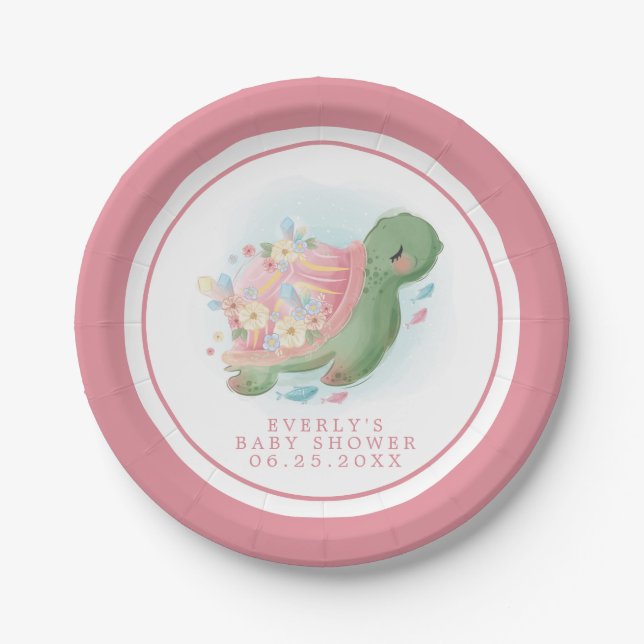 Floral Sea Turtle Pink Baby Dusche Pappteller (Vorderseite)