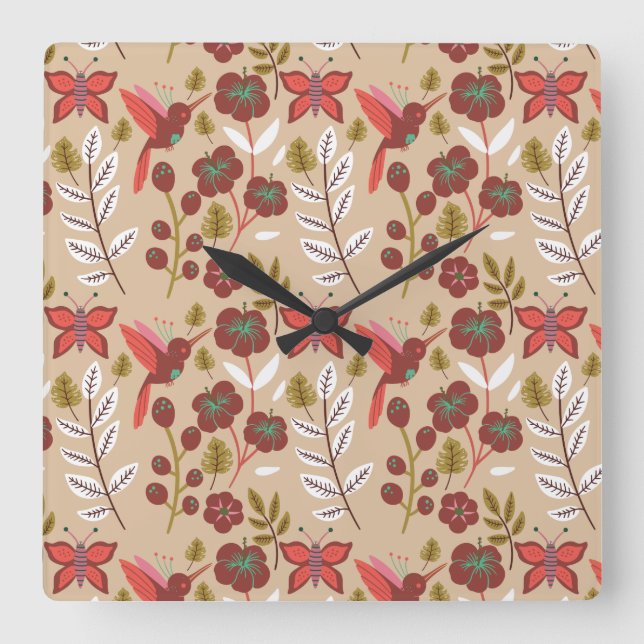 Floral seamless pattern flowers, birds, butterfly quadratische wanduhr (Vorderseite)