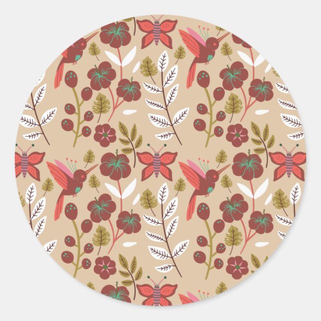 Floral seamless pattern flowers, birds, butterfly runder aufkleber (Vorderseite)
