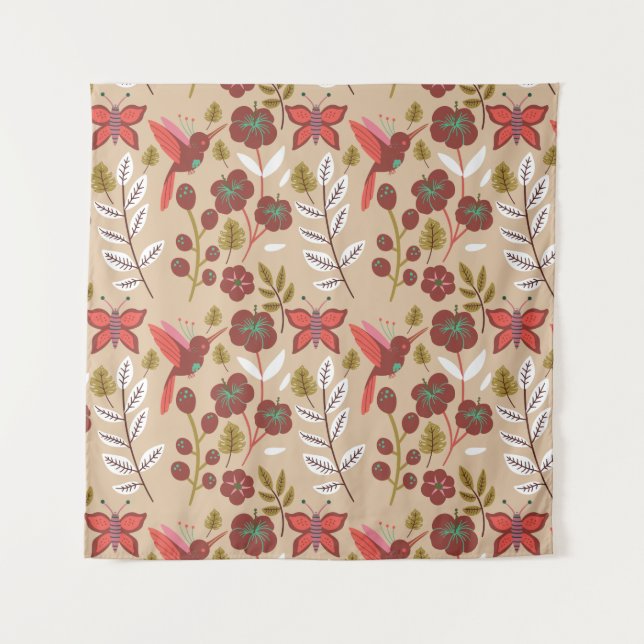 Floral seamless pattern flowers, birds, butterfly wandteppich (Vorderseite)