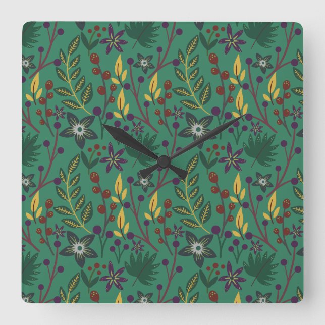 Floral seamless pattern flowers green background quadratische wanduhr (Vorderseite)