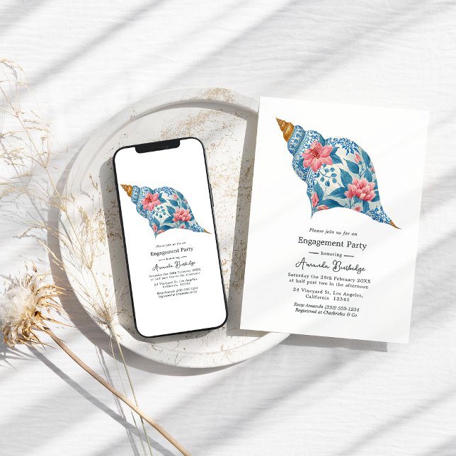 Floral Seashell Coastal Beach Engagement Party Einladung (Floral Seashell Coastal Beach Engagement Party Invitation)