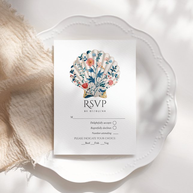 Floral Seashell Coastal Beach Wedding Nautical RSVP Karte (Floral Seashell Coastal Beach Wedding Nautical RSVP Card)