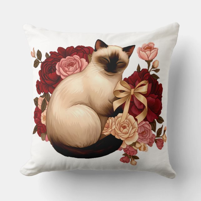 Floral Serenity: Curled Siamese Cat in Bloom Kissen (Vorderseite)