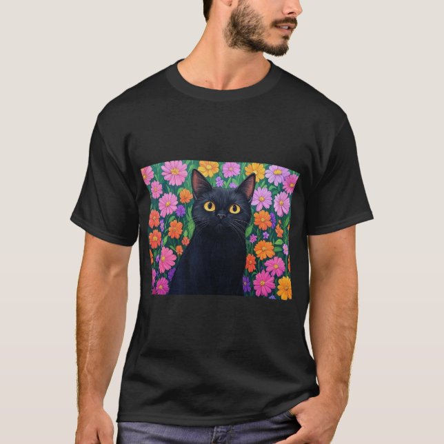Floral Serenity: The Black Cat T-Shirt (Vorderseite)