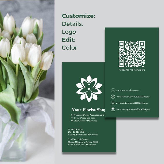 Floral Services Florist Green White Business Card Treuekarte (Floral Services Florist Green White Business Card, Blossom Logo, QR code)