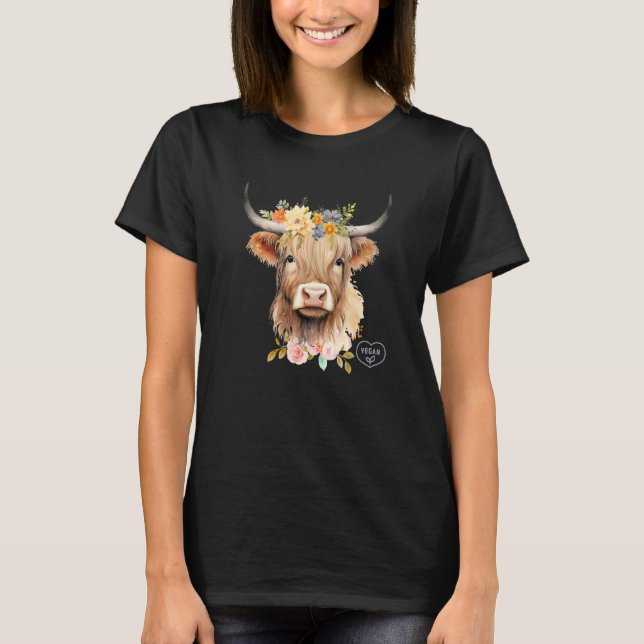 Floral Shetland Cow Vegan Awareness T-Shirt (Vorderseite)