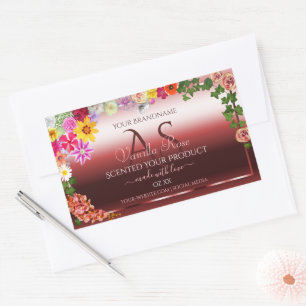 Floral Shimmery Red Product Labels Modern Monogram Rechteckiger Aufkleber