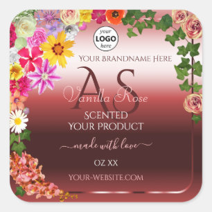 Floral Shimmery Red Product Labels Monogram Logo Quadratischer Aufkleber