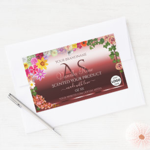 Floral Shimmery Red Product Labels Monogram Logo Rechteckiger Aufkleber