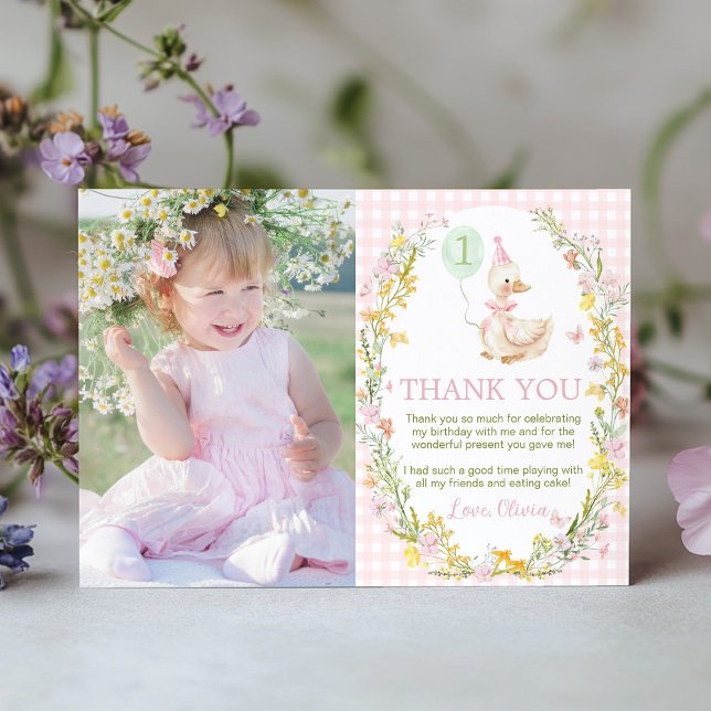 Floral Silly Goose Cute Pink Girl Birthday Photo Dankeskarte (Von Creator hochgeladen)