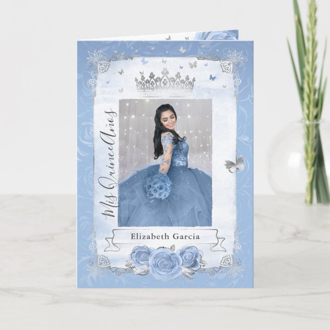Floral Silver Baby Blue Quinceañera Foto geklappt Einladung (Vorderseite)