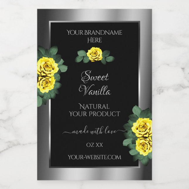 Floral Silver Black Product Labels Yellow Roses Lebensmitteletikett (Einzelnes Label)