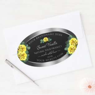 Floral Silver Black Product Labels Yellow Roses Ovaler Aufkleber