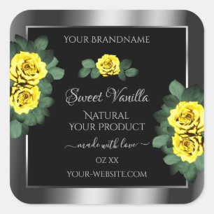 Floral Silver Black Product Labels Yellow Roses Quadratischer Aufkleber