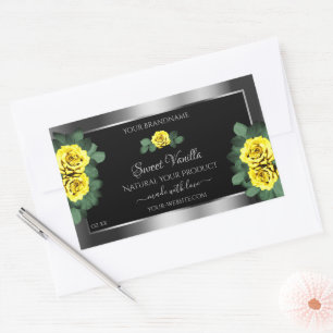 Floral Silver Black Product Labels Yellow Roses Rechteckiger Aufkleber
