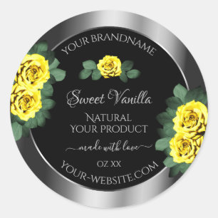 Floral Silver Black Product Labels Yellow Roses Runder Aufkleber