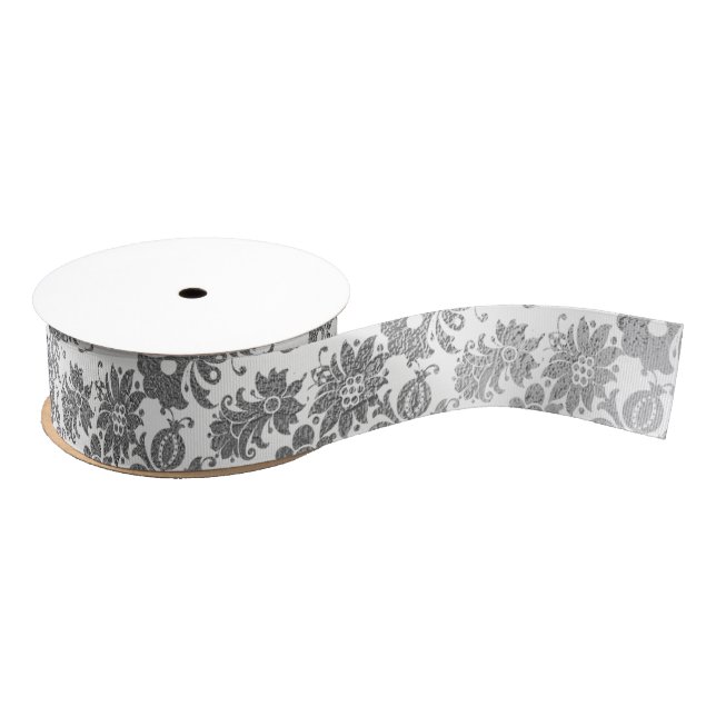 Floral Silver Grau Weiß Weiße Metallische Gefallen Ripsband (Spule)