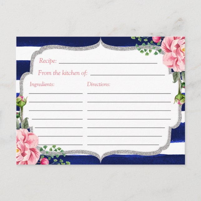 Floral Silver Navy Stripes Brautparty Rezept Postkarte (Vorderseite)