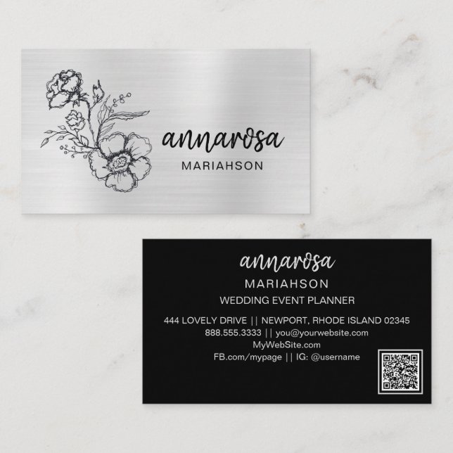 *~* Floral Silver QR LOGO FOTO Elegante Blume  Visitenkarte (Vorne/Hinten)