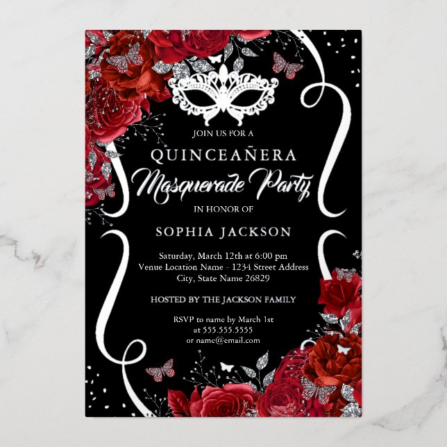 Floral Silver Scroll Masquerade Quinceanera Folieneinladung (Vorderseite)