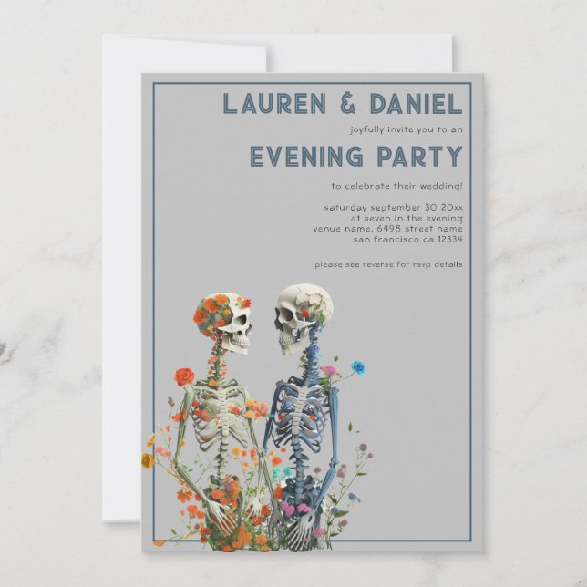 Floral Skeleton Couple QR Wedding Abend Party Einladung (Vorderseite)