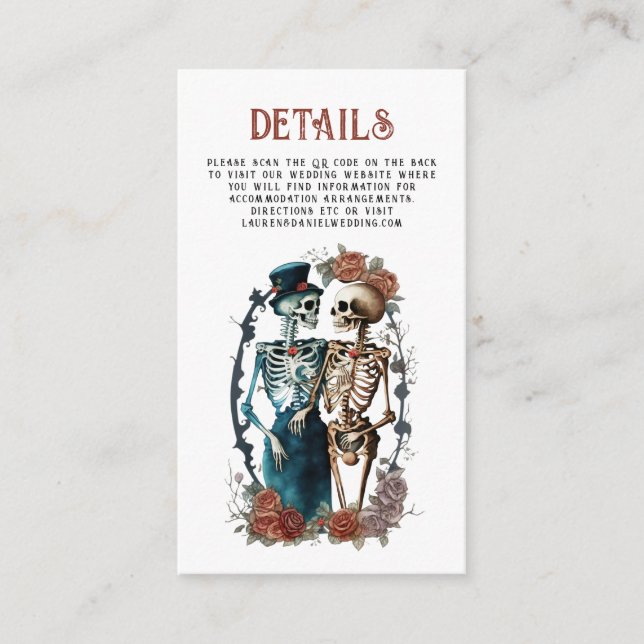 Floral Skeleton Couple QR Wedding Details Enclosur Begleitkarte (Vorderseite)