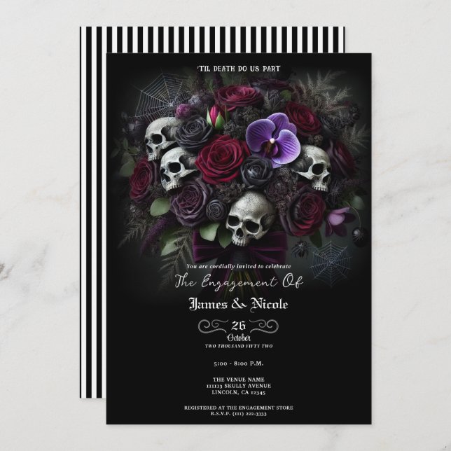 Floral Skull Bouquet Gothic Halloween Verlobung Einladung (Vorne/Hinten)