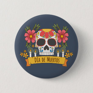 Floral Skull Dia de los Muertos   Button