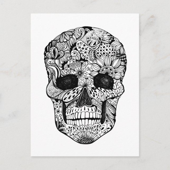 Floral Skull Doodle Postkarte (Vorderseite)