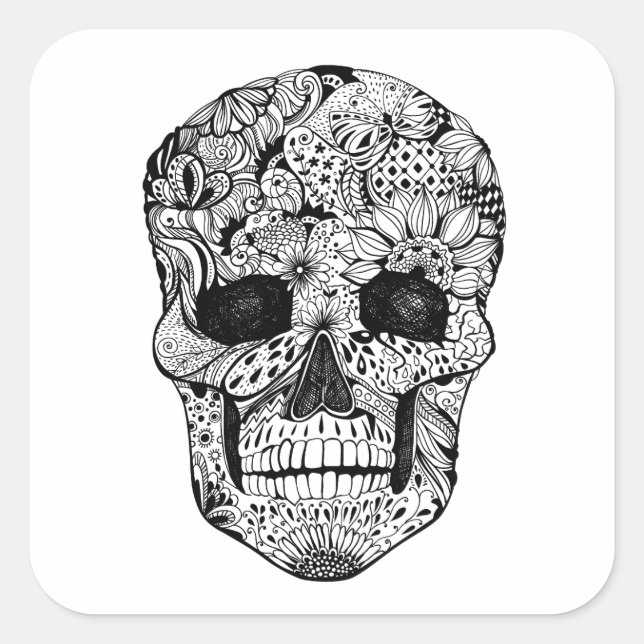 Floral Skull Doodle Quadratischer Aufkleber (Vorderseite)