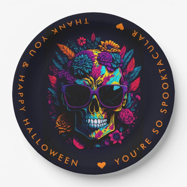 FLORAL SKULL farbiges Halloween-Party Pappteller (Vorderseite)