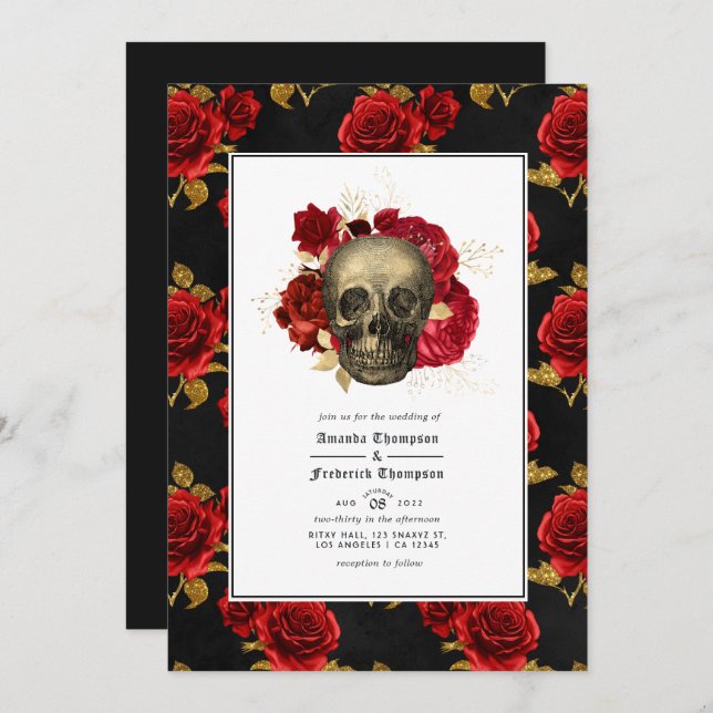 Floral Skull Gothic Wedding Foto Einladung (Vorne/Hinten)