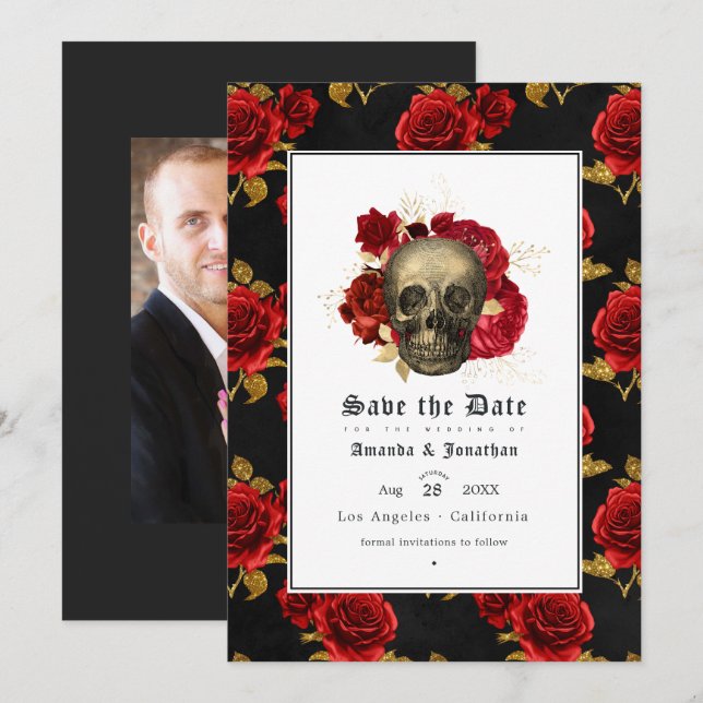 Floral Skull Gothic Wedding Foto Save The Date (Vorne/Hinten)