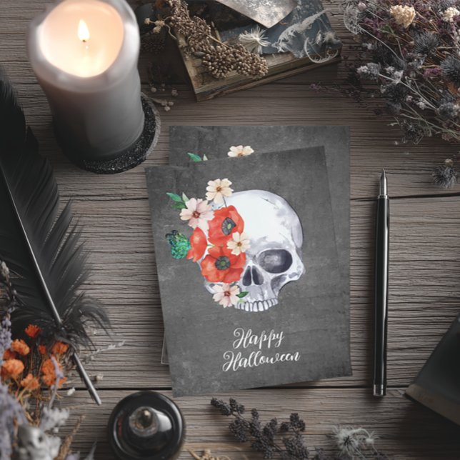 Floral Skull Halloween Karte (Boho Floral Skull Halloween Card)