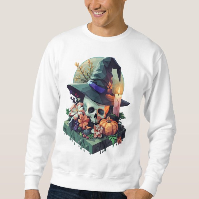 Floral Skull mit Hexenhut Pixel Art Sweatshirt (Vorderseite)