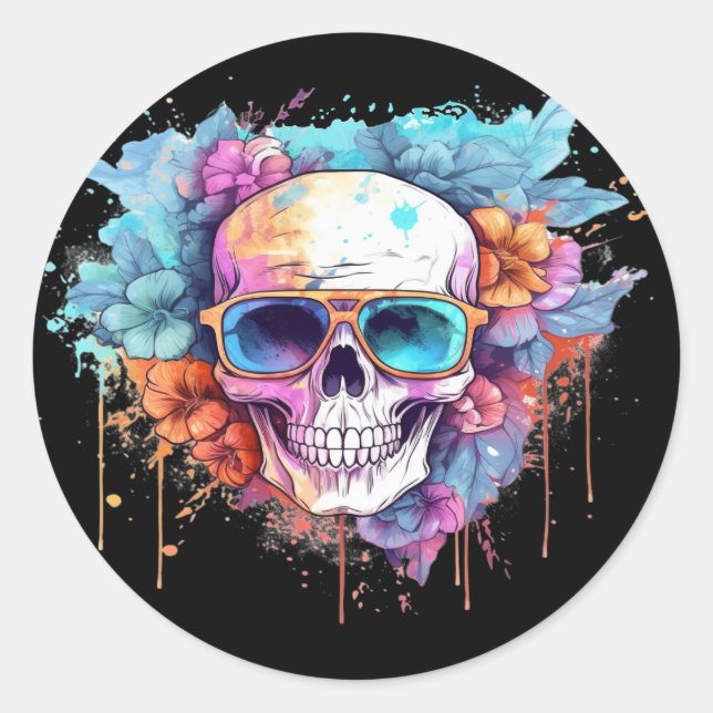 Floral Skull Shades Runder Aufkleber (Vorderseite)