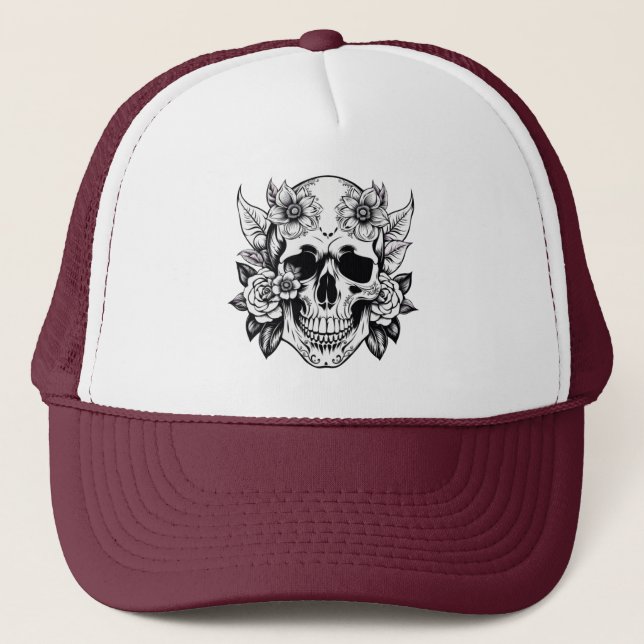 Floral Skull Trucker Hat Truckerkappe (Vorderseite)