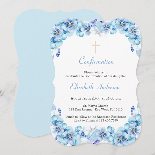 Floral Sky Blue Watercolor-Bestätigung Einladung (Vorne/Hinten)