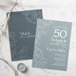 Floral Slate Blue Überraschung 50. Geburtstagspart Einladung<br><div class="desc">Einfach marinebraue Überraschung 50. Geburtstagsfeier Einladung. Minimalistisches modernes Design in schiefer,  staubblauer Farbe mit botanischen Akzenten und Typografie-Script-Schriftart. Stahlblau-weiß-feminine Blütenkarte perfekt für eine stilvolle Frauen Überraschungsfeier. Kann für jedes Alter angepasst werden.</div>