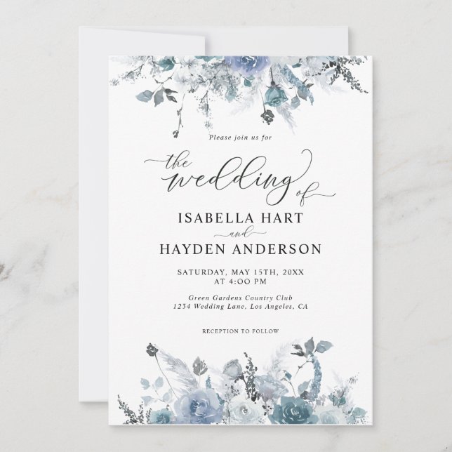 Floral Slate Dusty Boho Pastel Blue Pampas Wedding Einladung (Vorderseite)