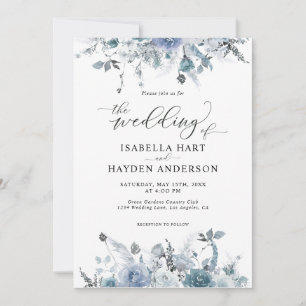 Floral Slate Dusty Boho Pastel Blue Pampas Wedding Einladung
