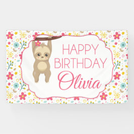 Floral Sloth Birthday Party Banner