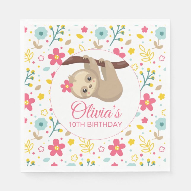 Floral Sloth Birthday Party Napkins Serviette (Vorderseite)