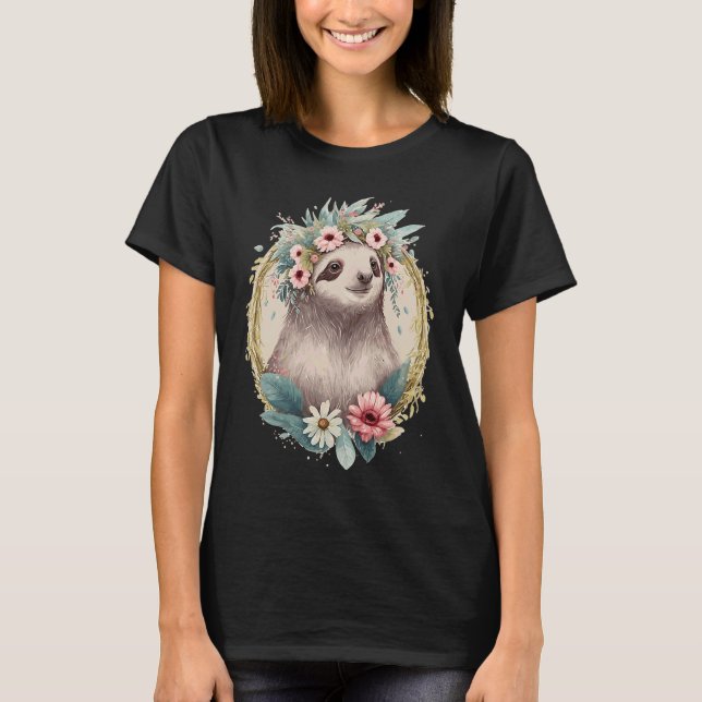 Floral Sloth Flower Crown Cute Watercolor T-Shirt (Vorderseite)